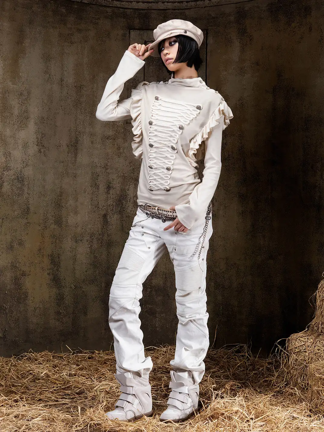ARIADNAw | Ruffled Lace-Up Shoulder Turtleneck Top