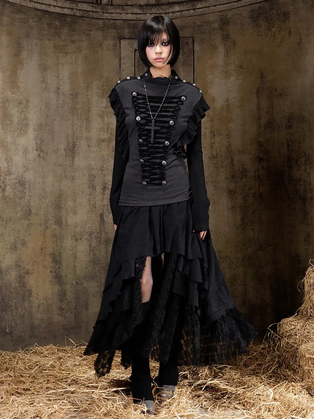 ARIADNAw | Ruffled Lace-Up Shoulder Turtleneck Top