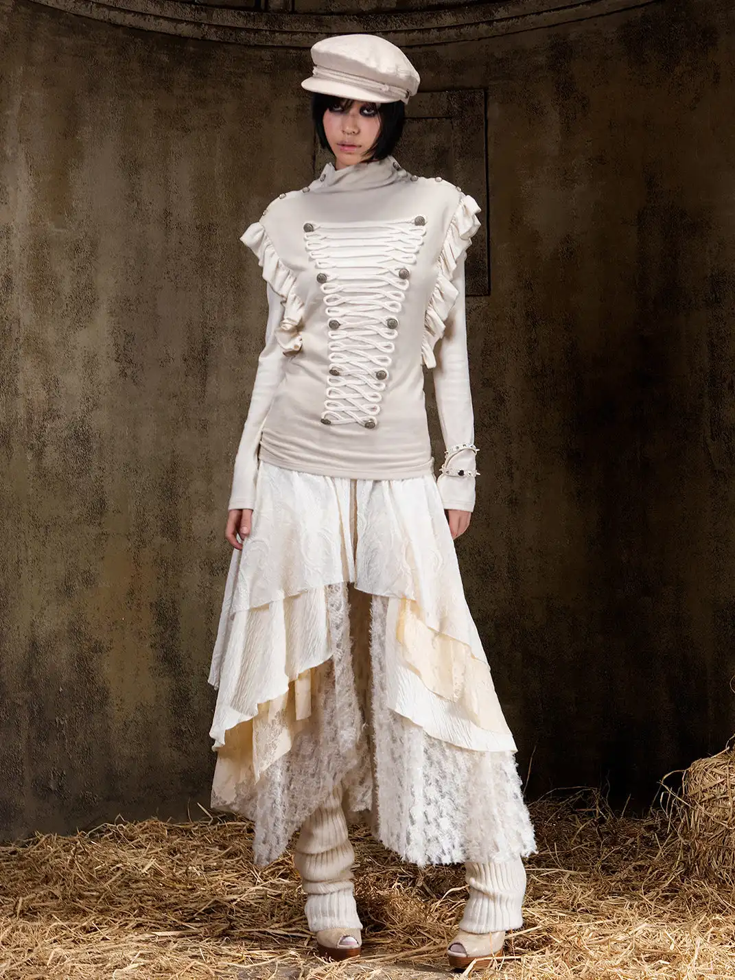 ARIADNAw | Ruffled Lace-Up Shoulder Turtleneck Top