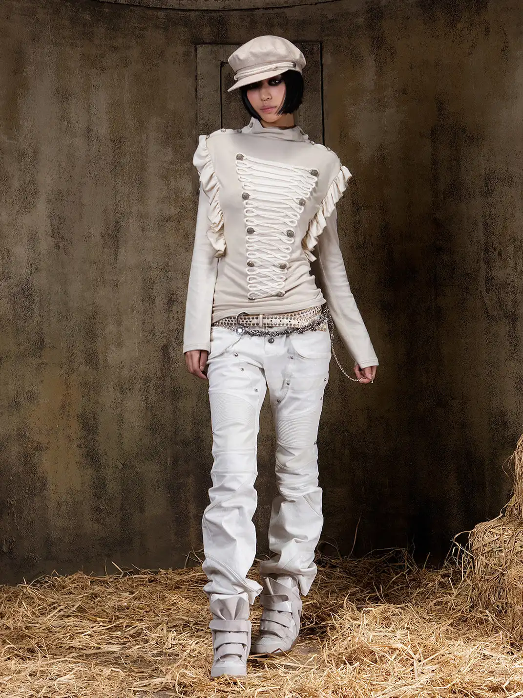 ARIADNAw | Ruffled Lace-Up Shoulder Turtleneck Top