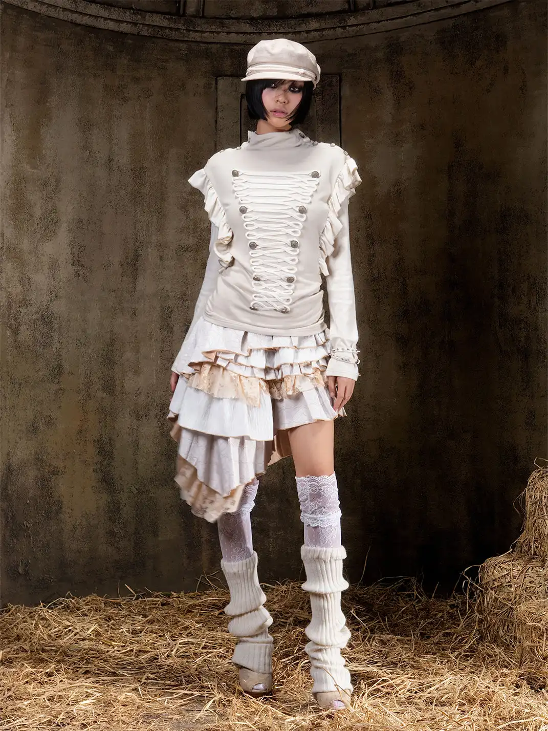ARIADNAw | Ruffled Lace-Up Shoulder Turtleneck Top