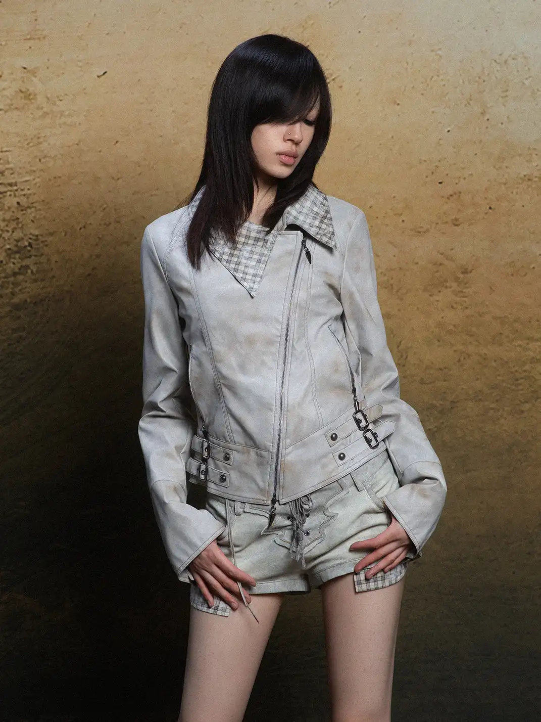 ARIADNAw | Asymmetric Collar Short Leather Jacket