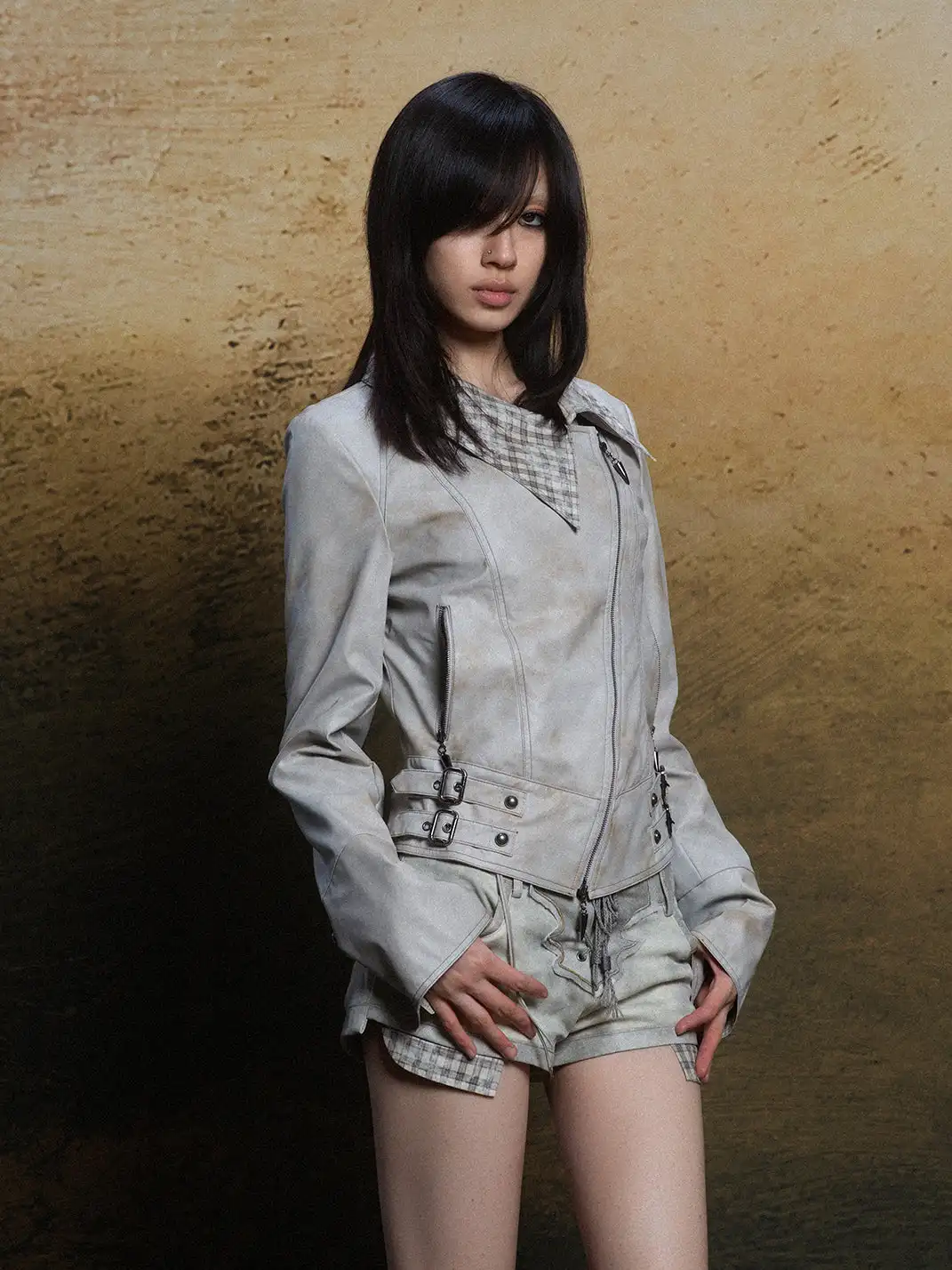 ARIADNAw | Asymmetric Collar Short Leather Jacket
