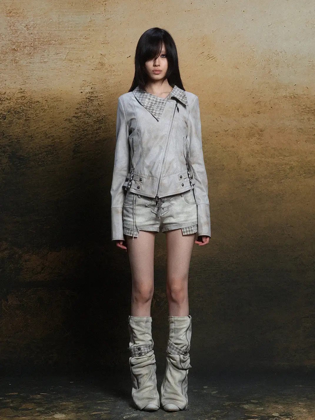 ARIADNAw | Asymmetric Collar Short Leather Jacket