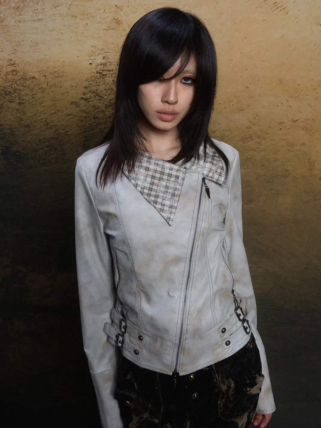 ARIADNAw | Asymmetric Collar Short Leather Jacket