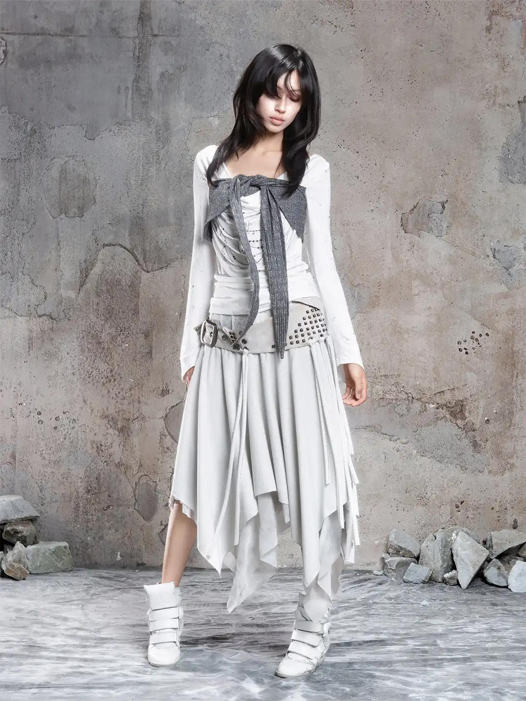 ARIADNAw | Asymmetrical Faux Two-Piece Long-Sleeve Knit Top
