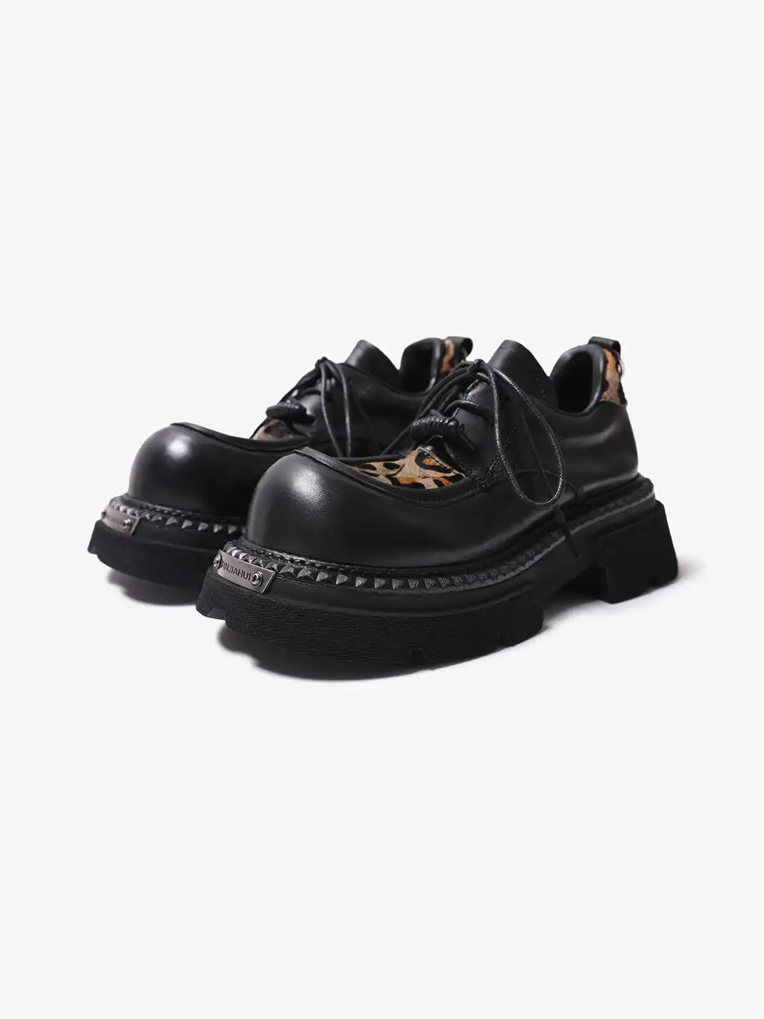 PINJIAHUI | Leopard Patchwork Derby Shoes