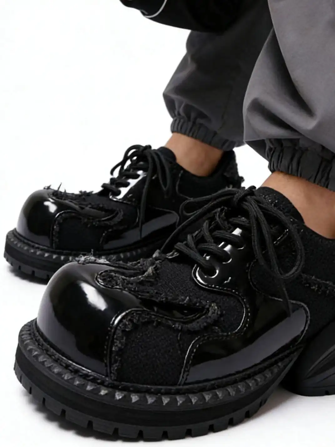 PINJIAHUI | Patchwork Patent Leather Derby Shoes