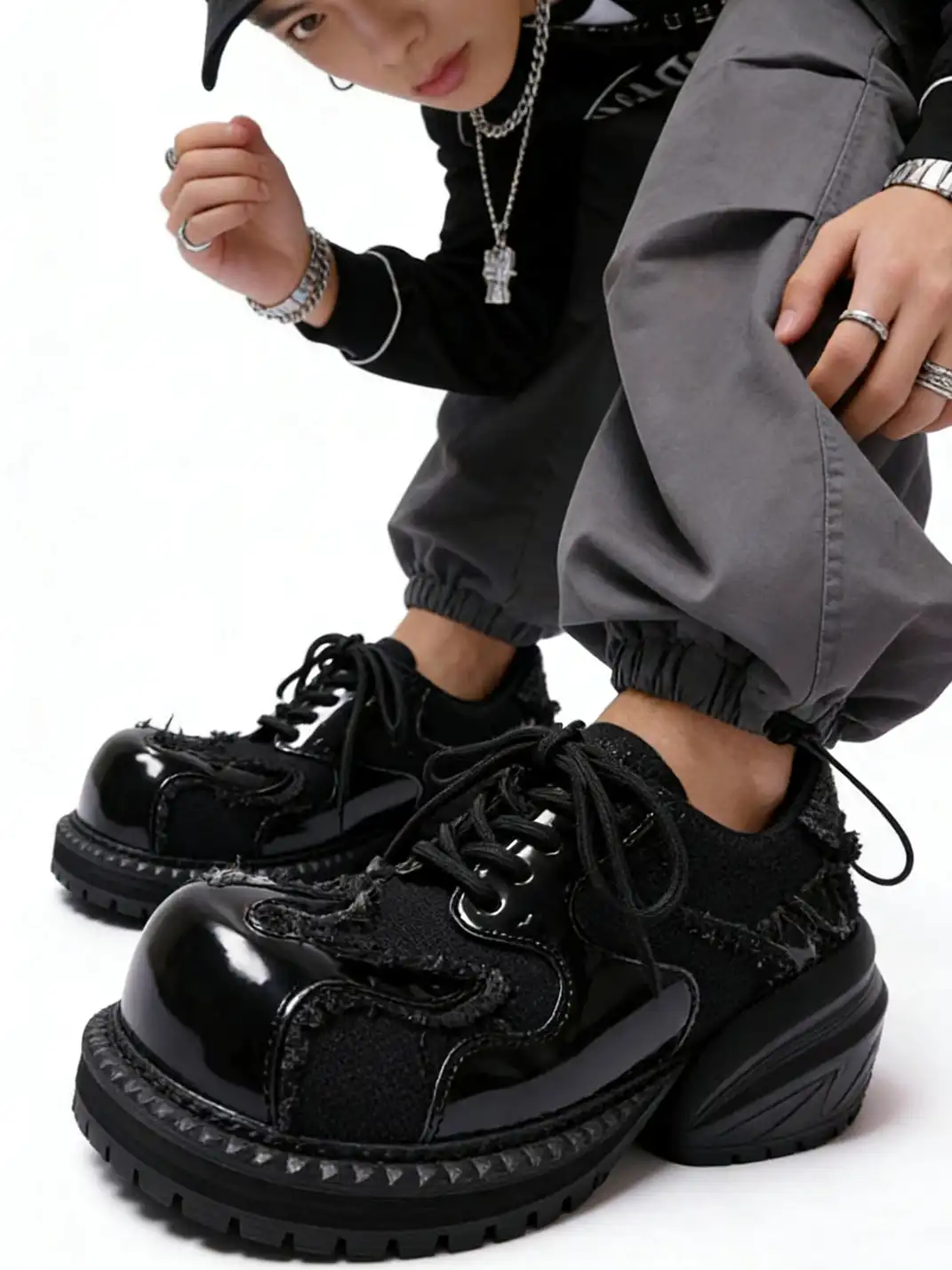 PINJIAHUI | Patchwork Patent Leather Derby Shoes