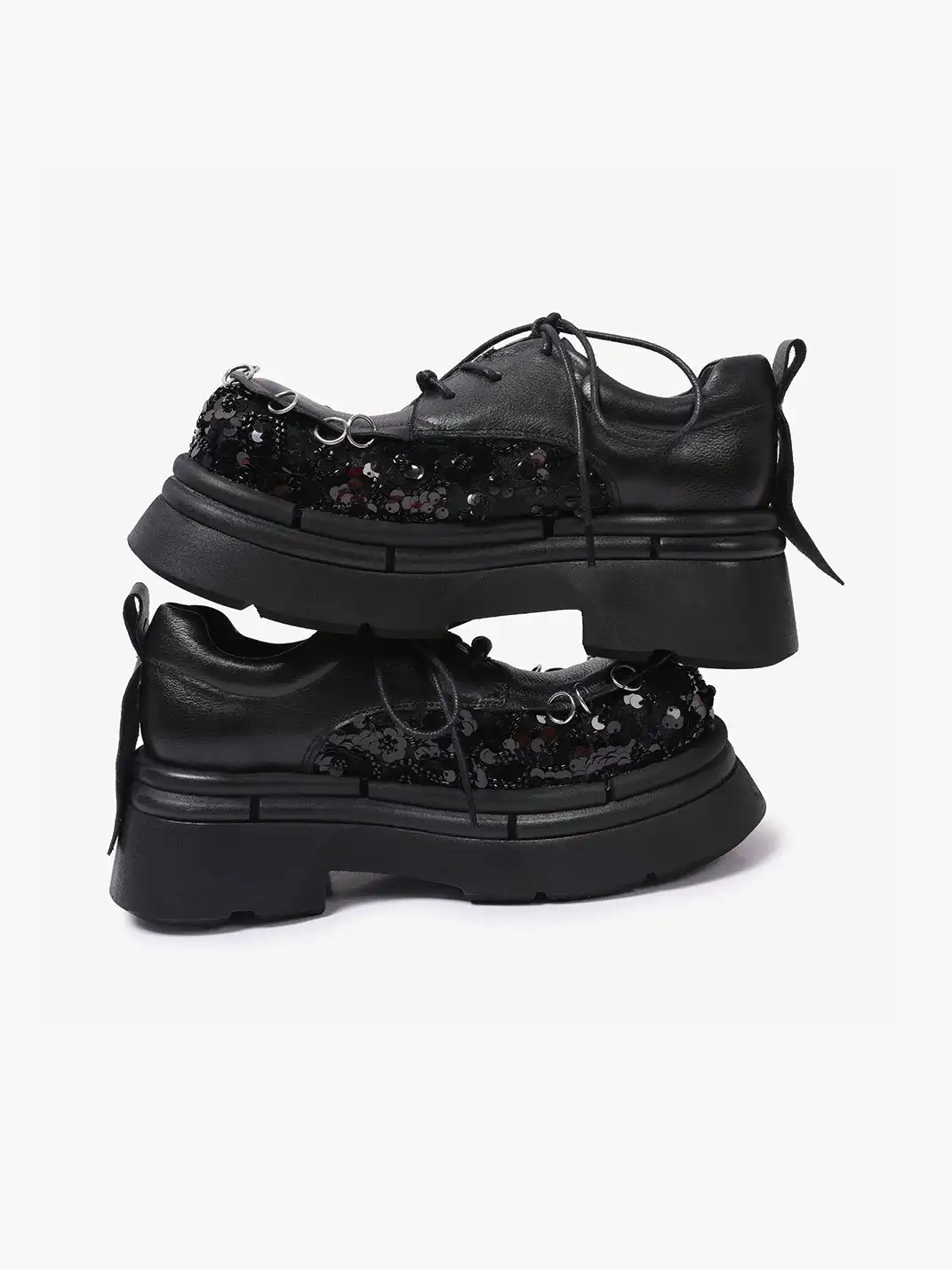PINJIAHUI | Sequined Patchwork Platform Derby Shoes