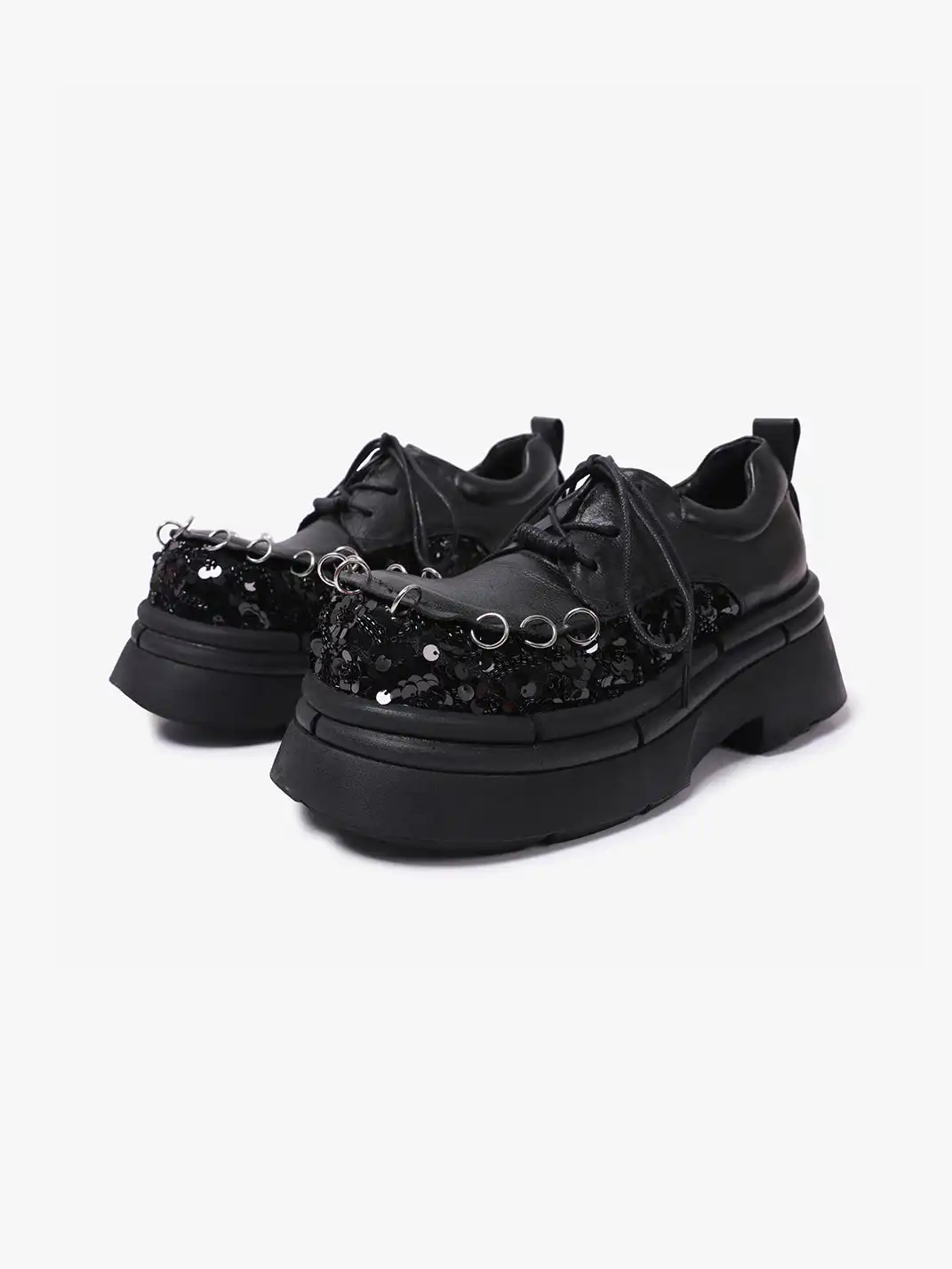 PINJIAHUI | Sequined Patchwork Platform Derby Shoes