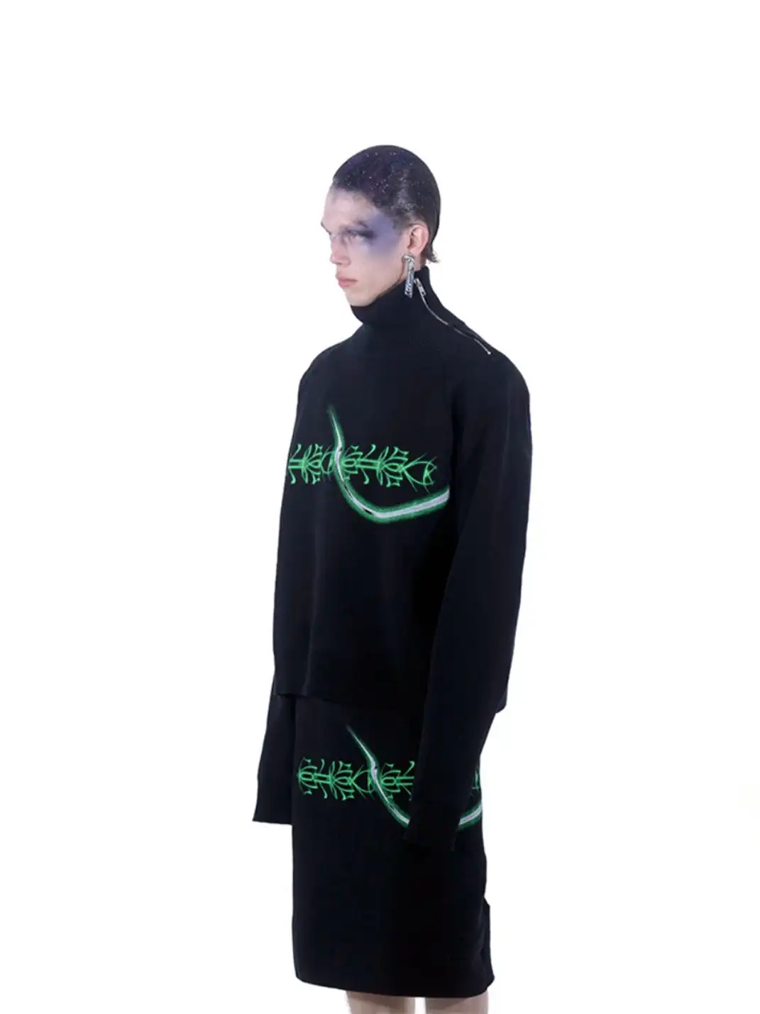 GUSHPSYCHIC | Printed Design Knit Sweater And Wool Skirt Set