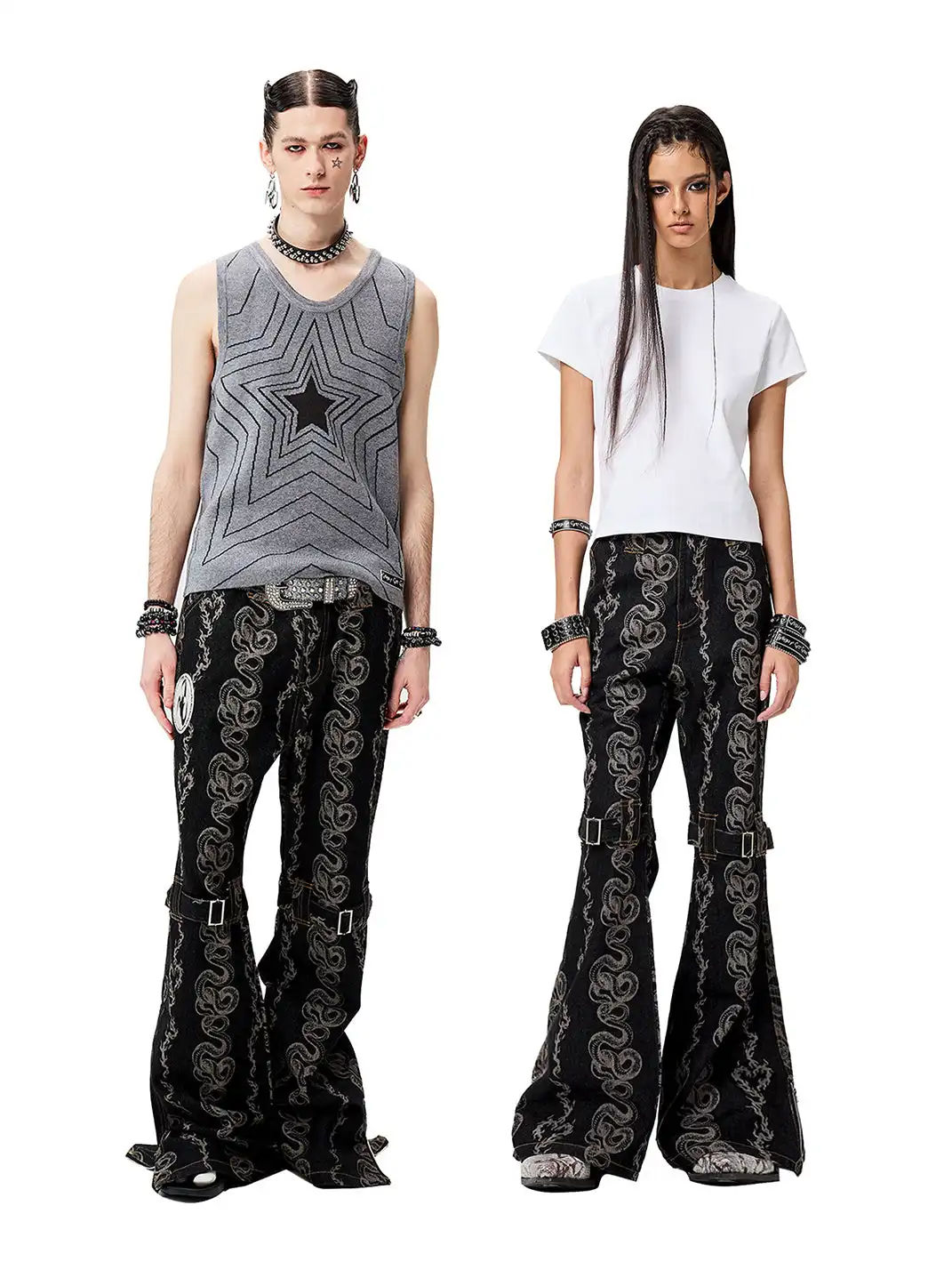 CYCYCY | Washed Dragon And Snake Pattern Bandage Jeans