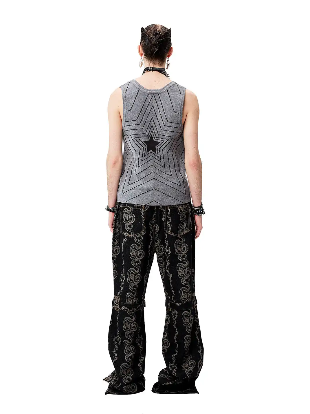 CYCYCY | Washed Dragon And Snake Pattern Bandage Jeans