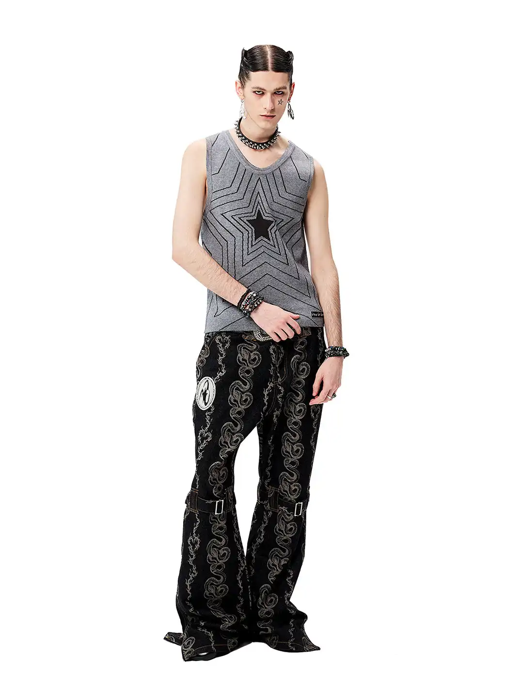 CYCYCY | Washed Dragon And Snake Pattern Bandage Jeans