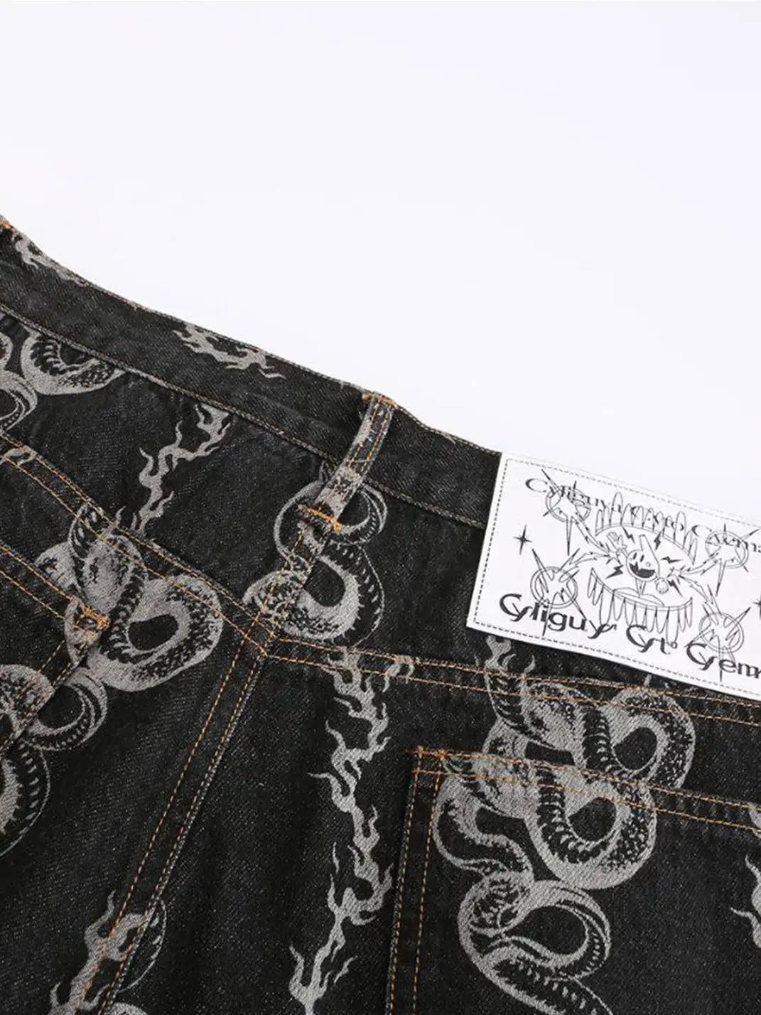 CYCYCY | Washed Dragon And Snake Pattern Bandage Jeans
