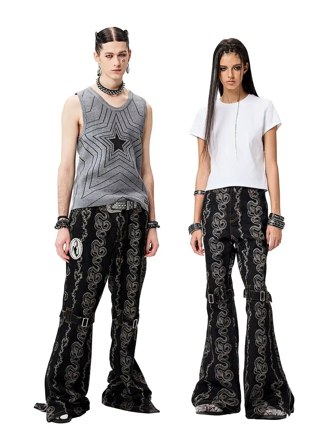 CYCYCY | Washed Dragon And Snake Pattern Bandage Jeans