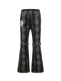 CYCYCY | Washed Dragon And Snake Pattern Bandage Jeans