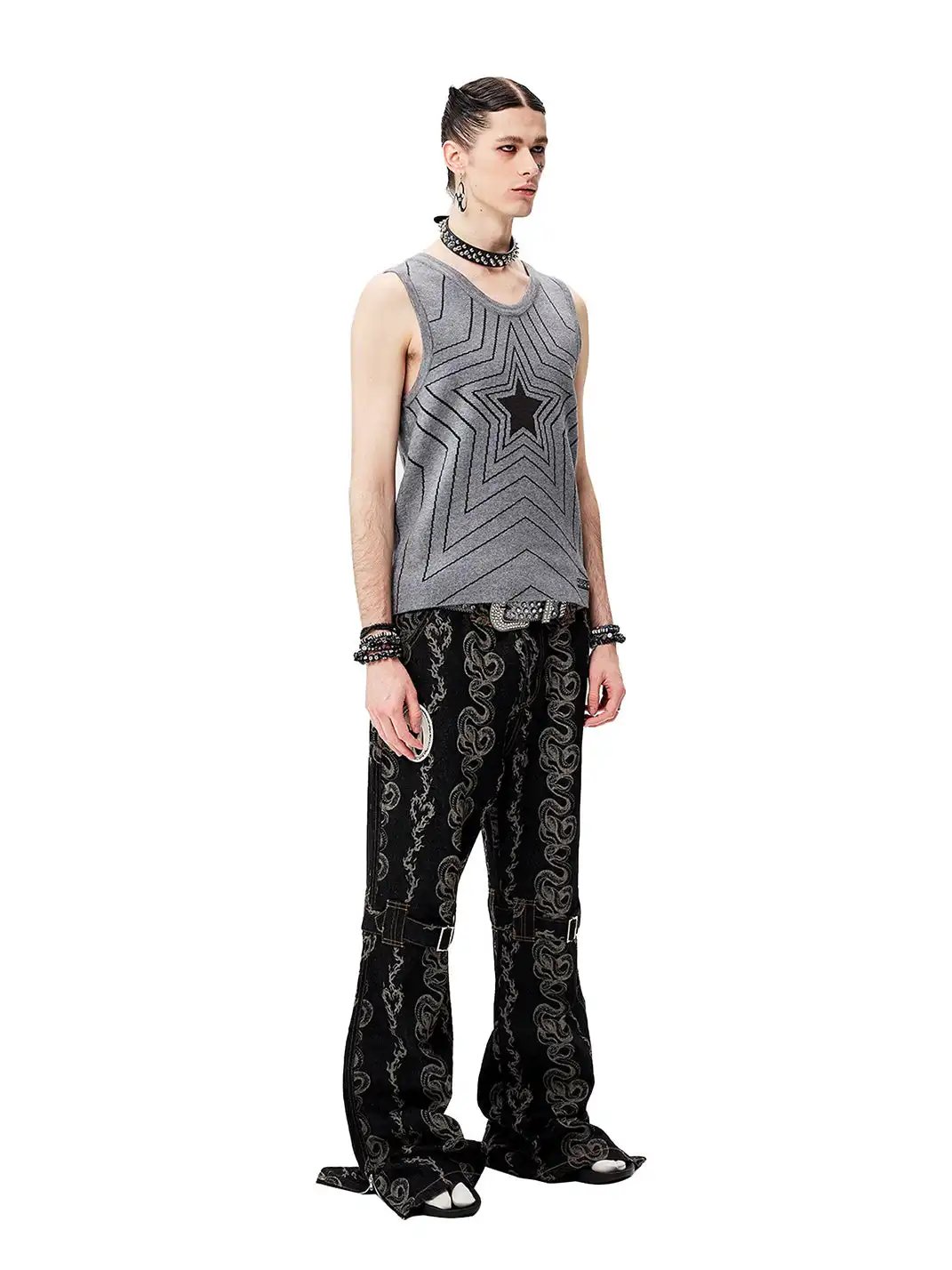 CYCYCY | Washed Dragon And Snake Pattern Bandage Jeans