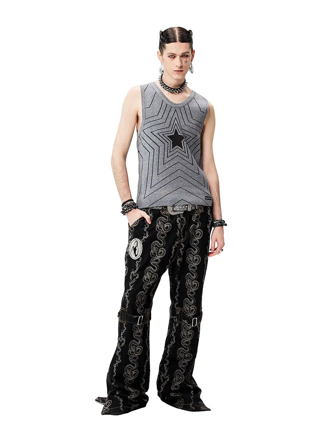 CYCYCY | Washed Dragon And Snake Pattern Bandage Jeans