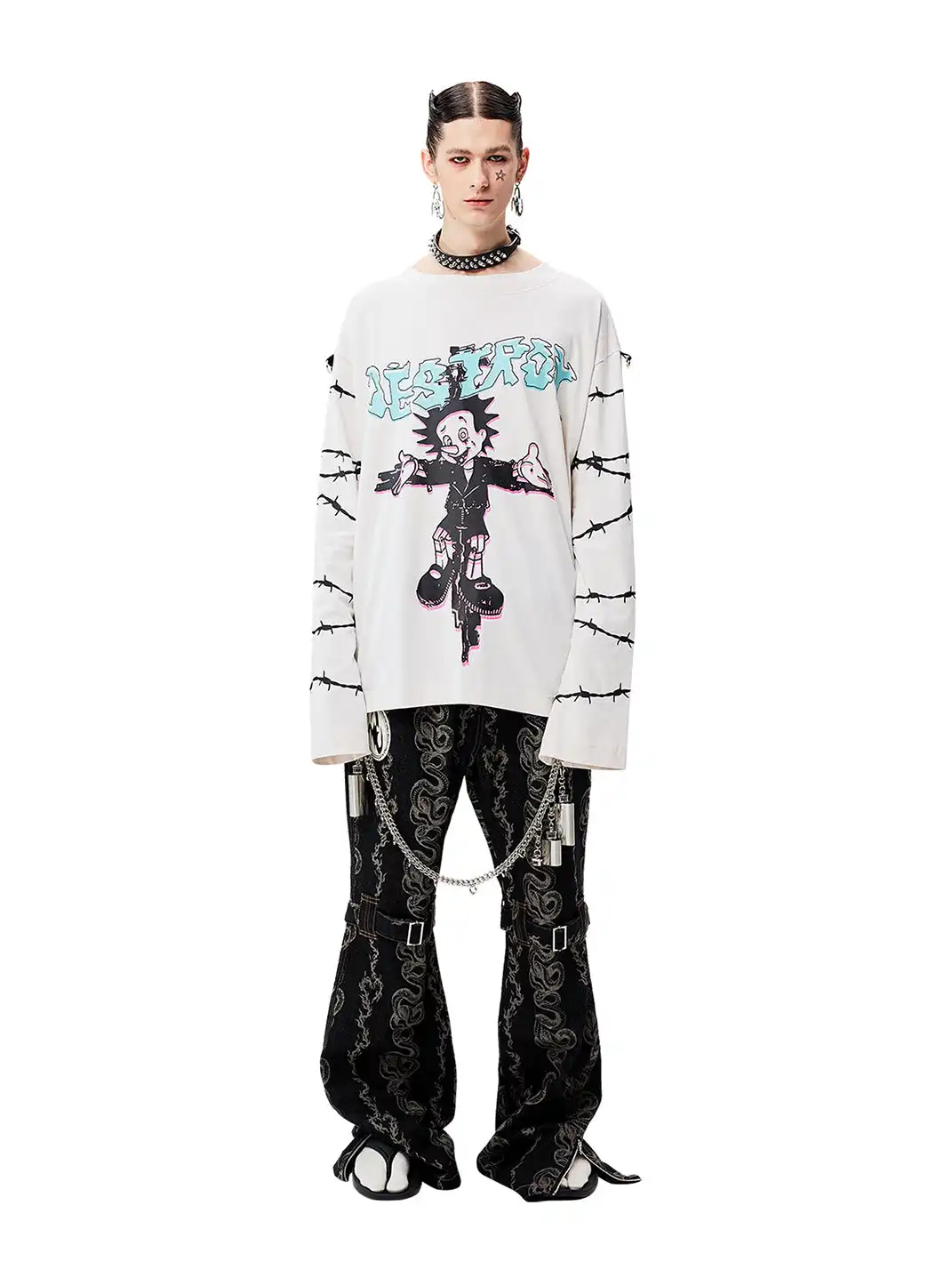 CYCYCY | Washed Dragon And Snake Pattern Bandage Jeans