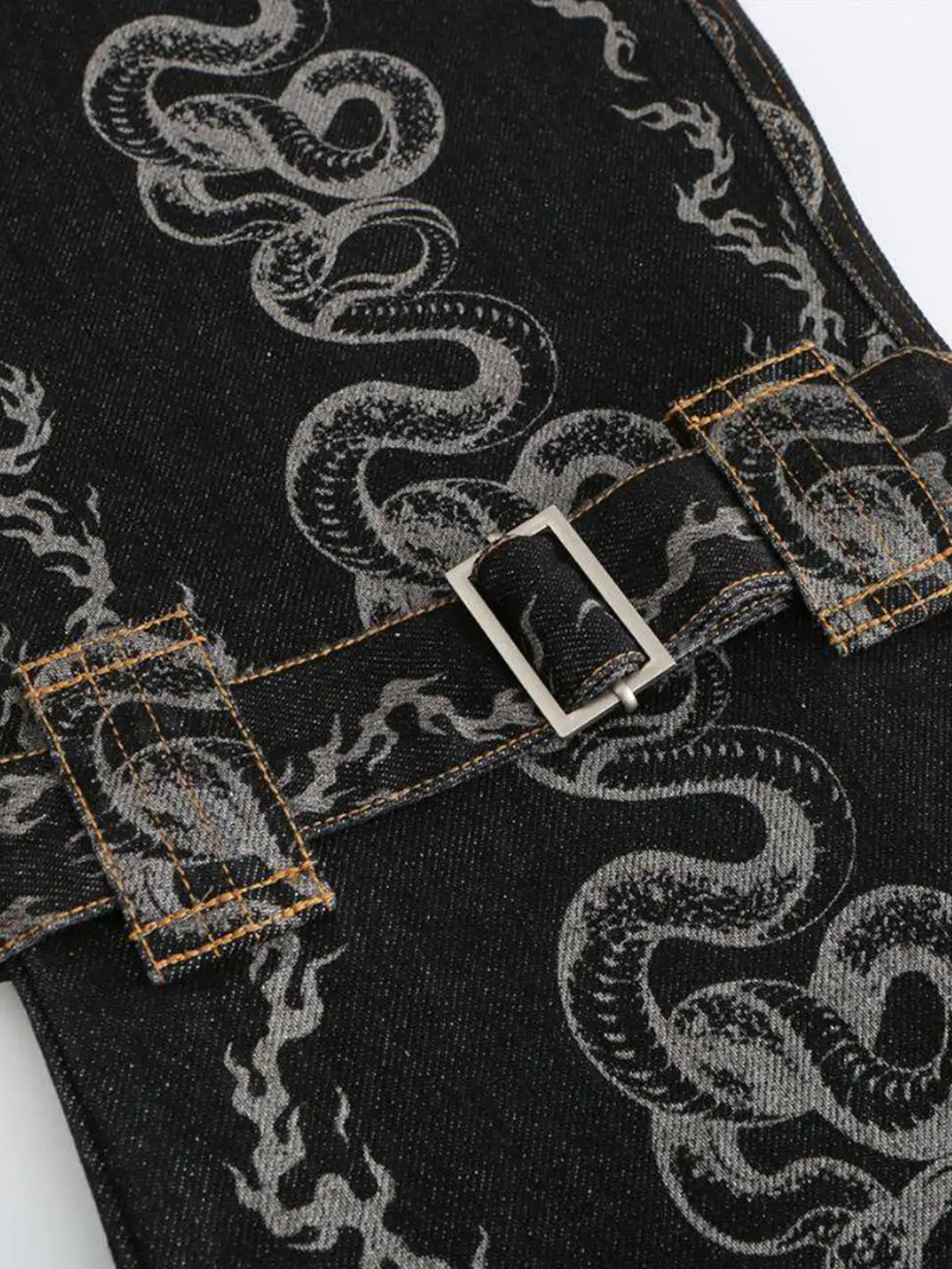 CYCYCY | Washed Dragon And Snake Pattern Bandage Jeans