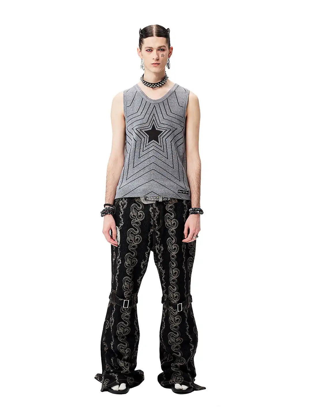 CYCYCY | Washed Dragon And Snake Pattern Bandage Jeans