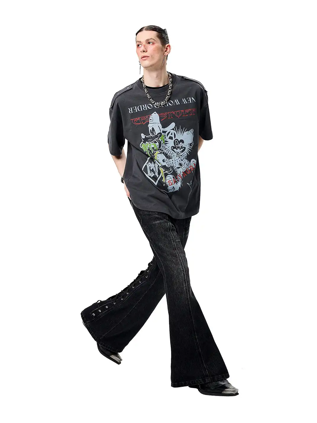 CYCYCY | Drawstring Adjustable Patchwork Flared Jeans