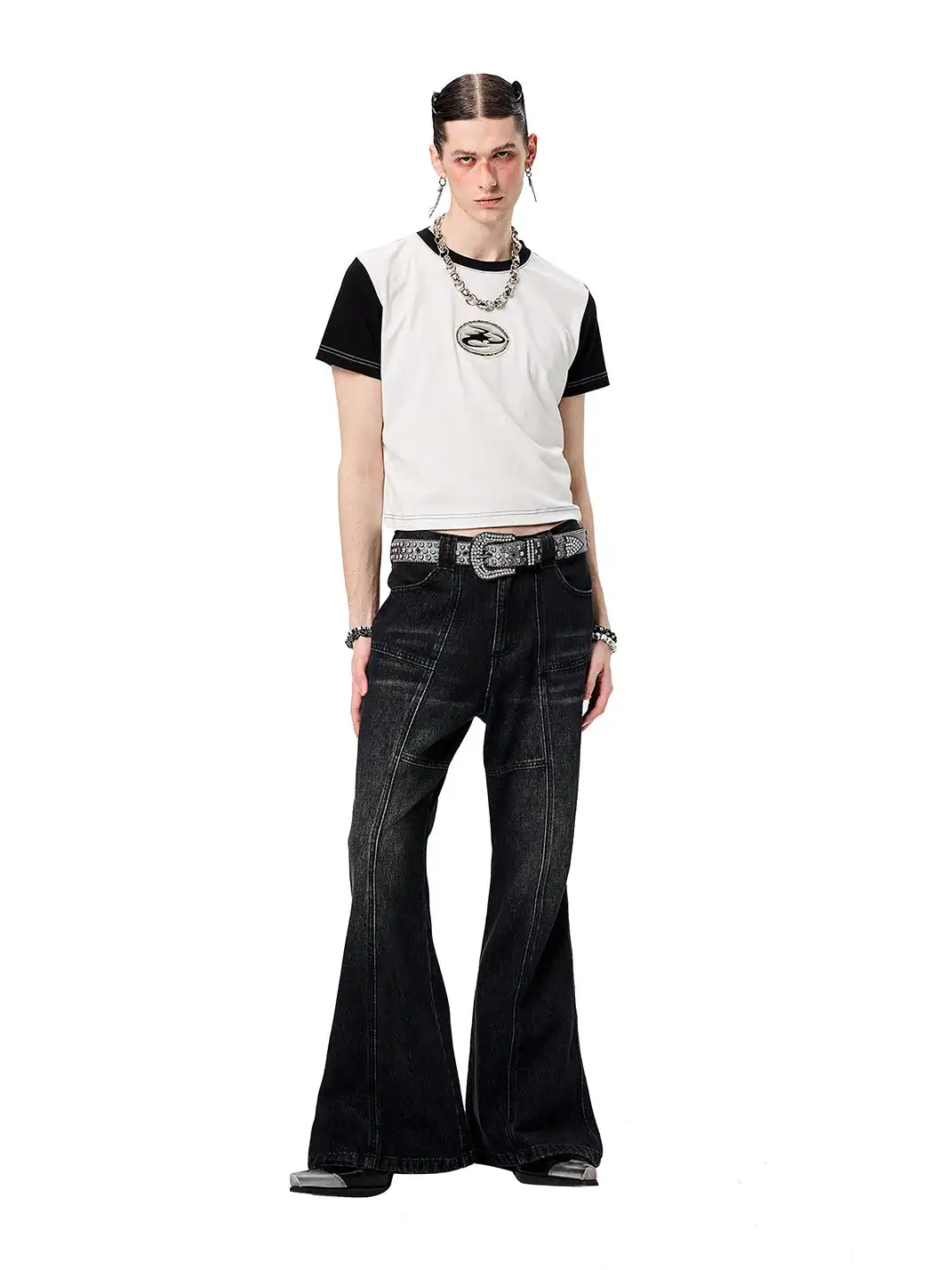 CYCYCY | Drawstring Adjustable Patchwork Flared Jeans