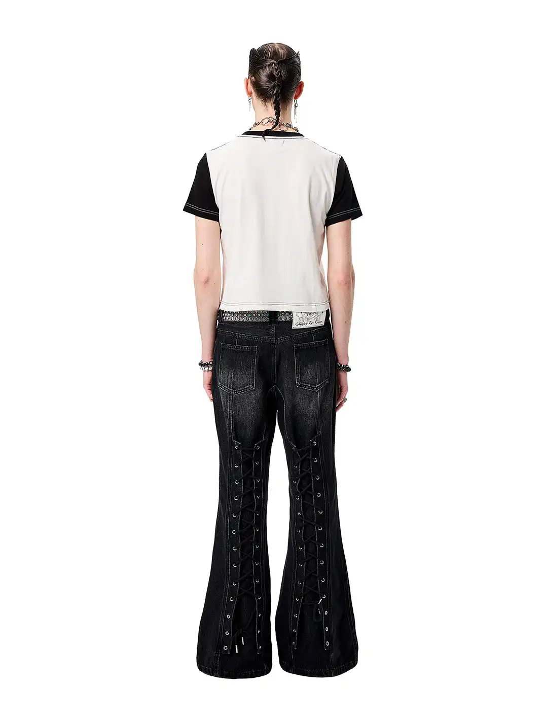 CYCYCY | Drawstring Adjustable Patchwork Flared Jeans