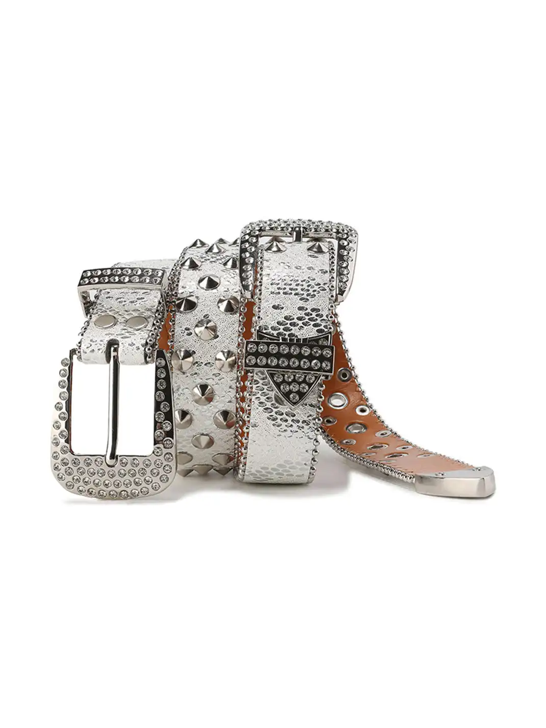 CYCYCY | Double Buckle Python Pattern White Diamond Rivet Belt