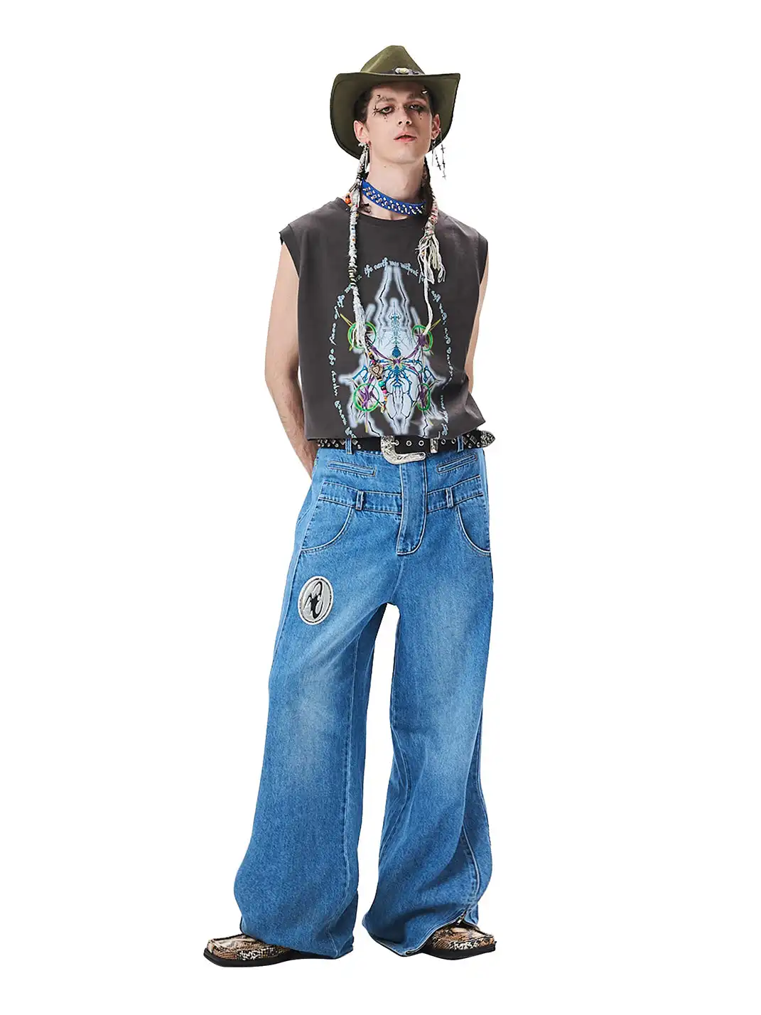 CYCYCY | Distressed Double-Waisted Deconstructed Patchwork Jeans