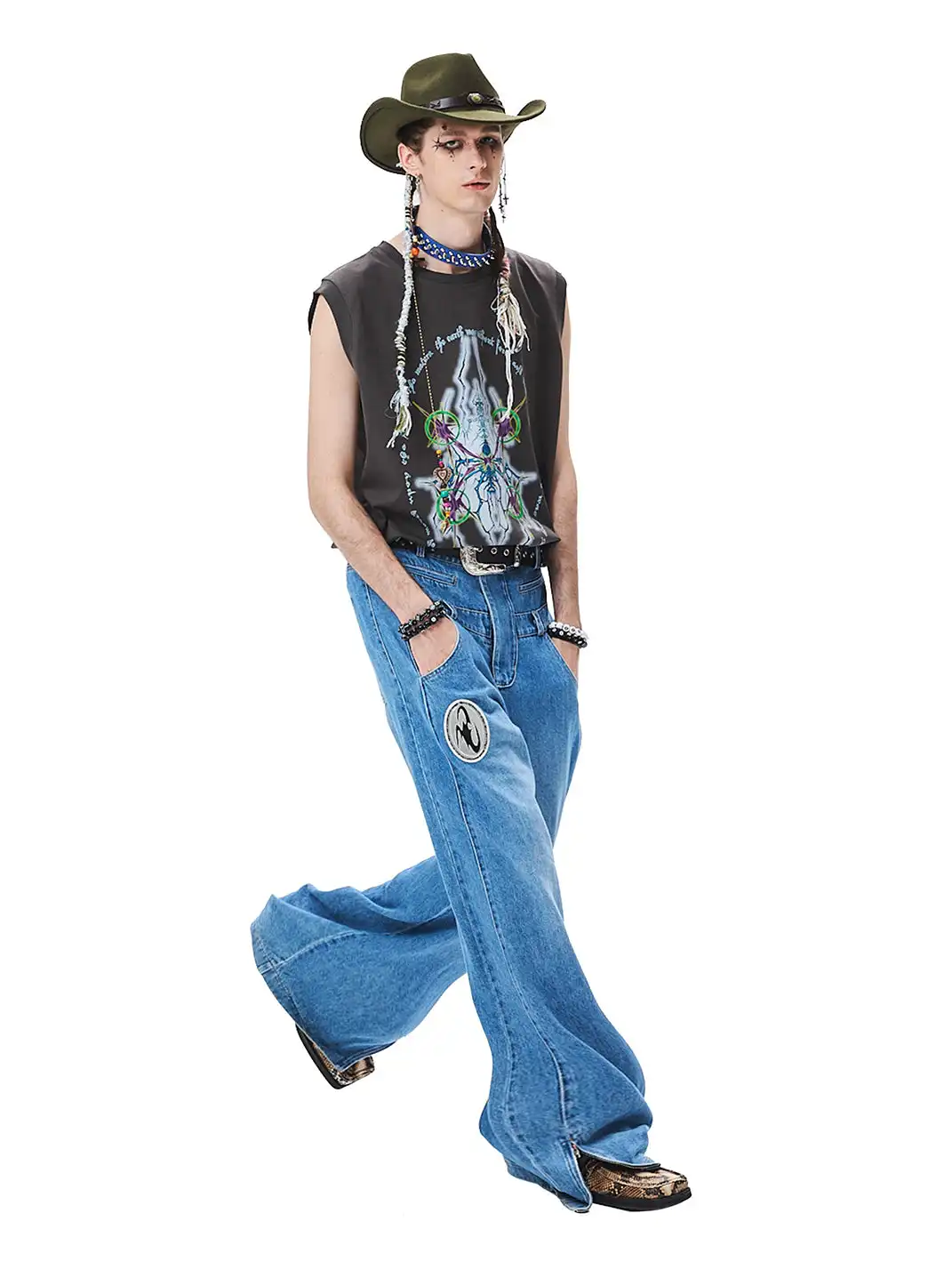 CYCYCY | Distressed Double-Waisted Deconstructed Patchwork Jeans