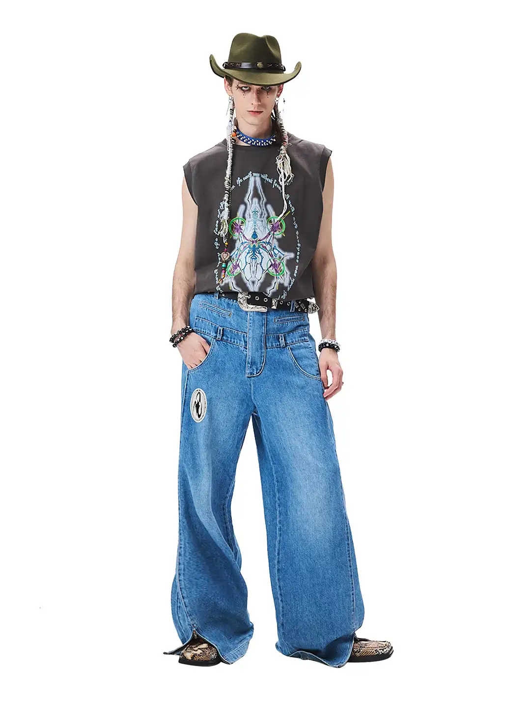 CYCYCY | Distressed Double-Waisted Deconstructed Patchwork Jeans