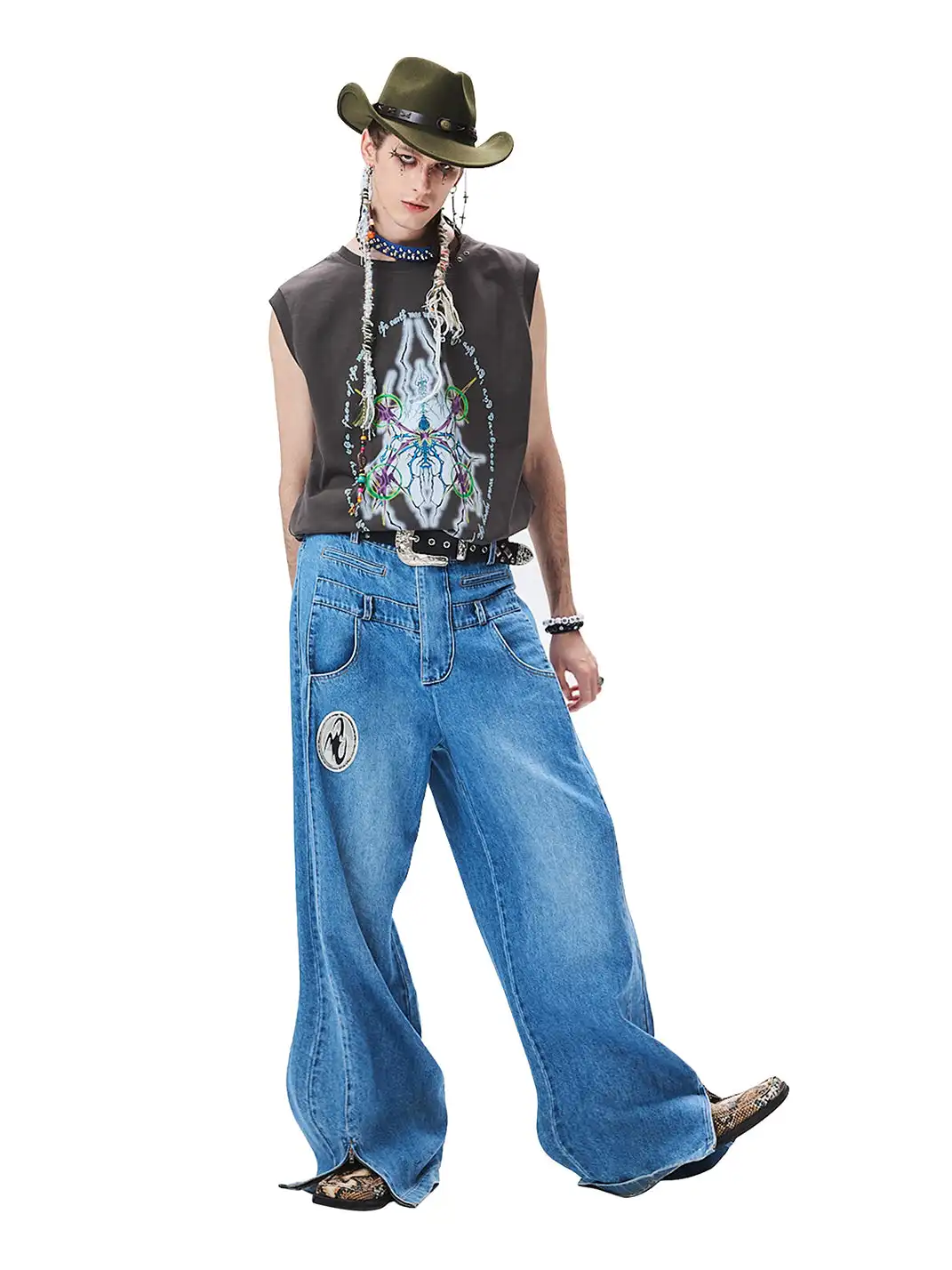 CYCYCY | Distressed Double-Waisted Deconstructed Patchwork Jeans