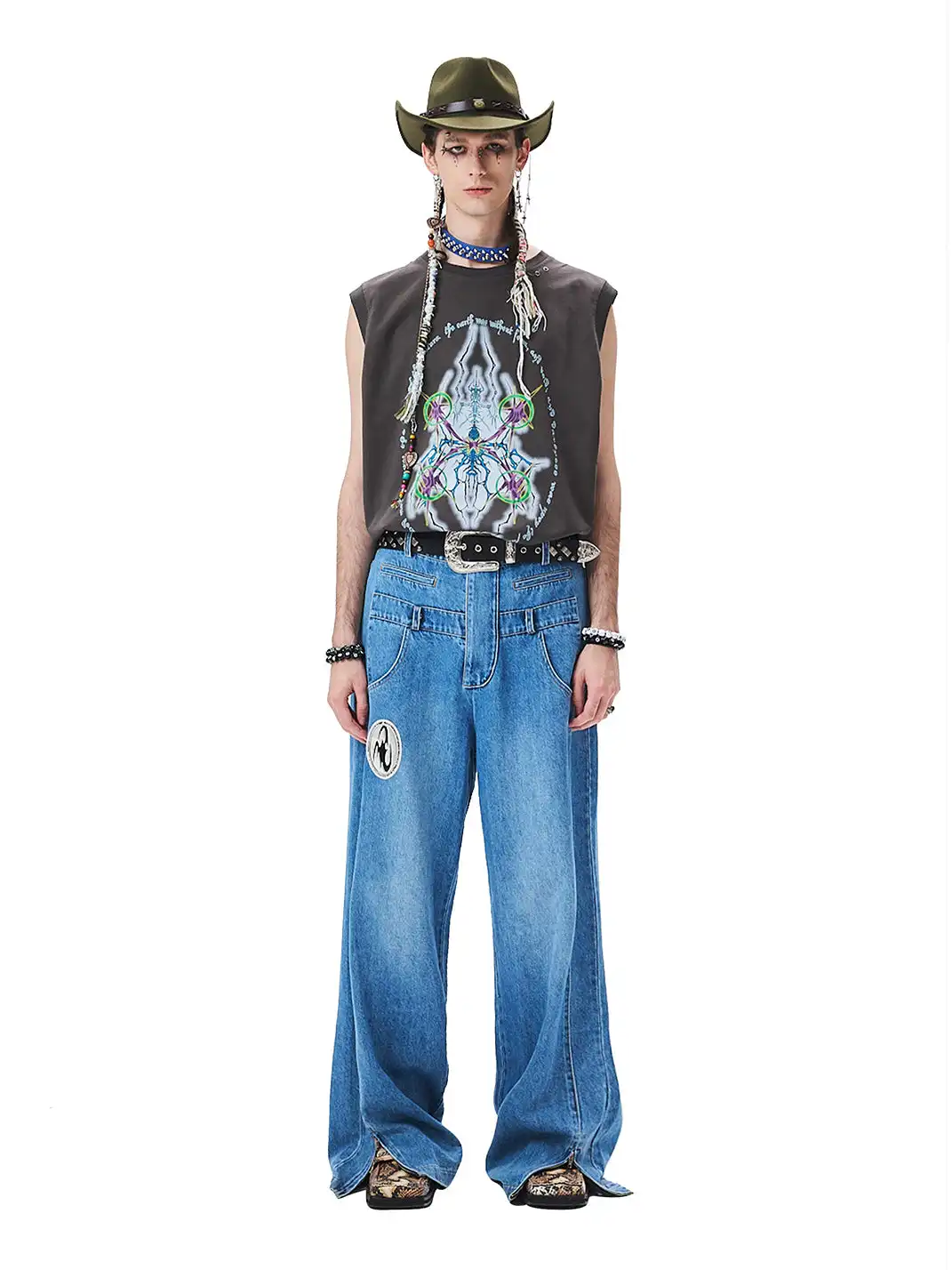 CYCYCY | Distressed Double-Waisted Deconstructed Patchwork Jeans