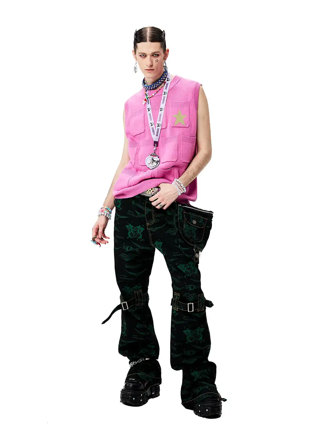 CYCYCY | Jacquard Dark-Colored Jeans With Bag