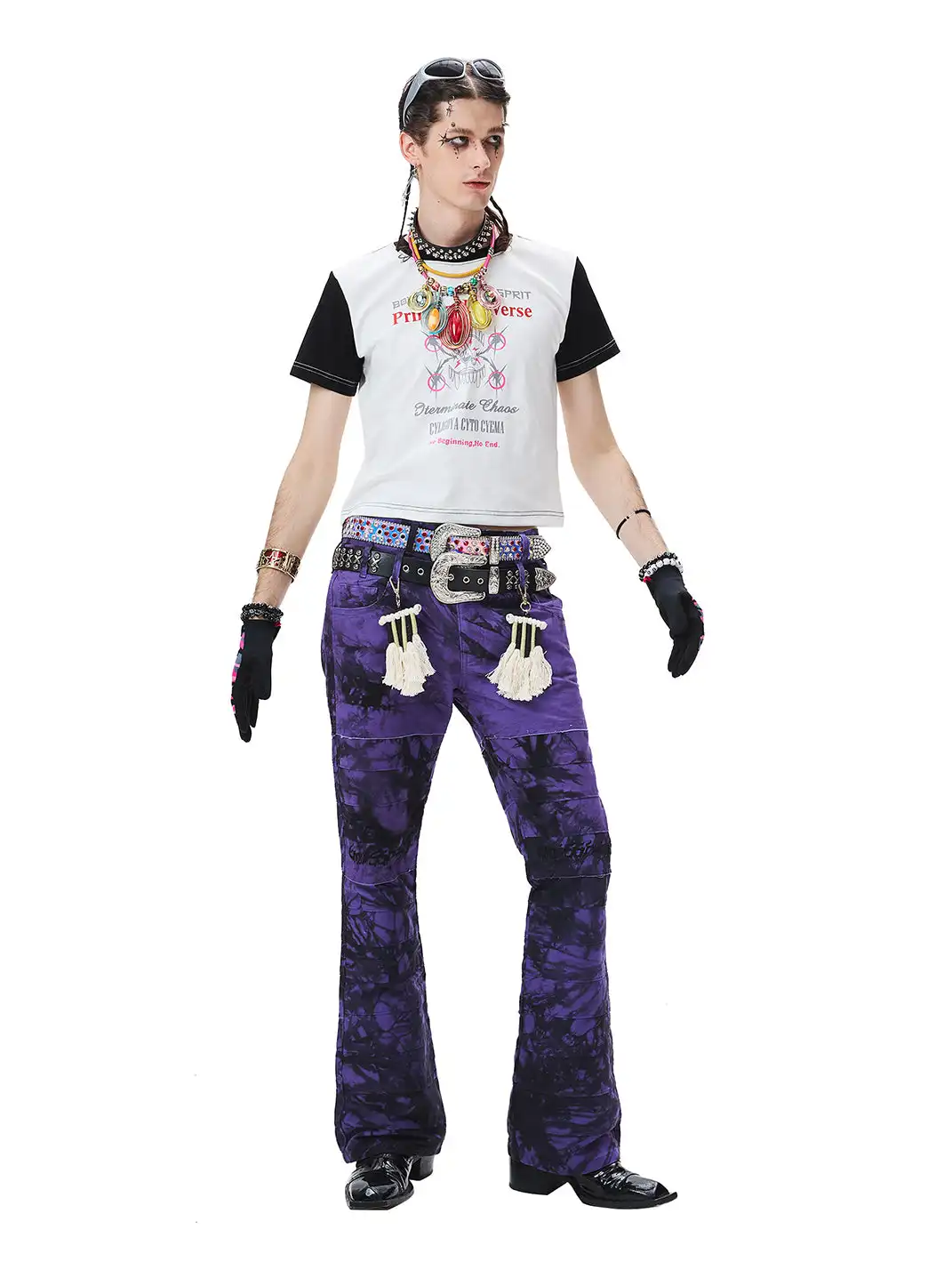 CYCYCY | Purple And Black Tie-Dye Patchwork Embroidered Jeans