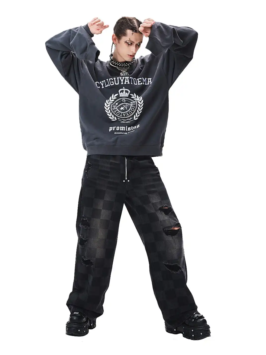 CYCYCY | Retro Embroidered Wheat Ear Print Crew Neck Sweatshirt