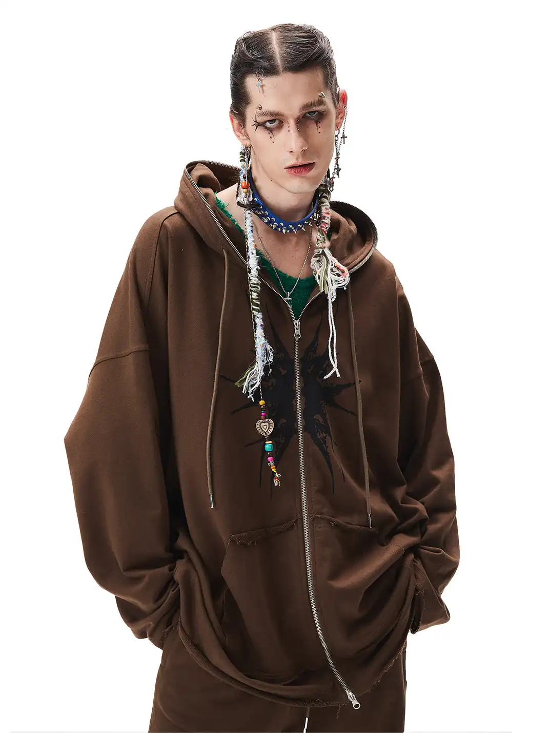 CYCYCY | Totem Embroidery Print Distressed Patchwork Hoodie