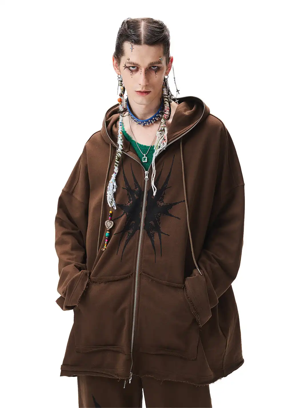 CYCYCY | Totem Embroidery Print Distressed Patchwork Hoodie