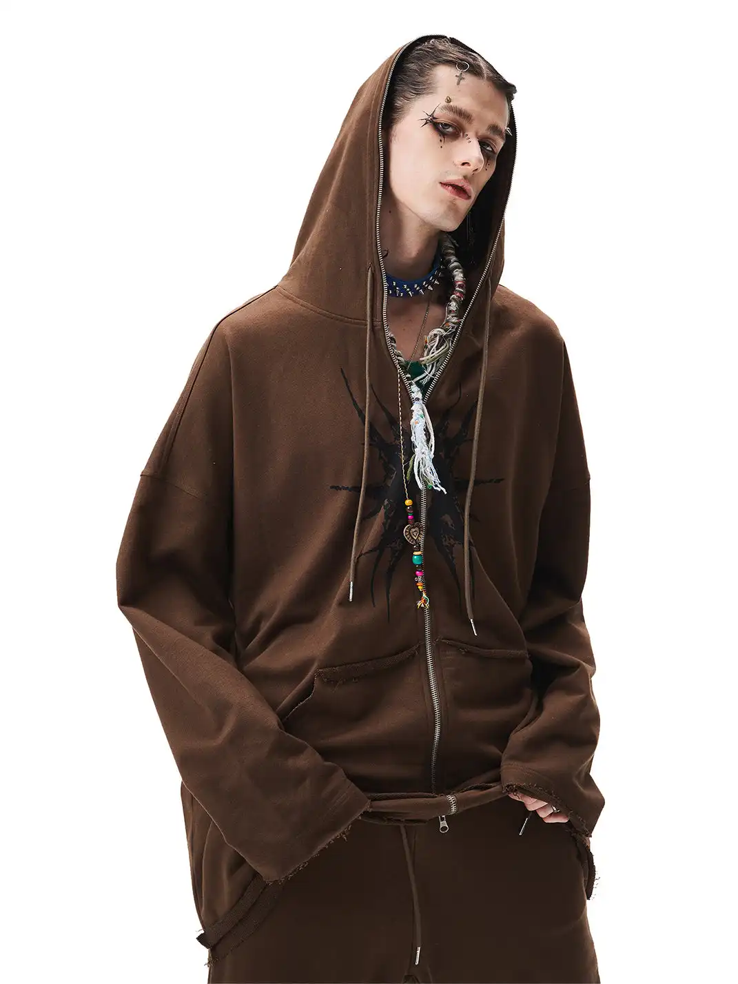 CYCYCY | Totem Embroidery Print Distressed Patchwork Hoodie