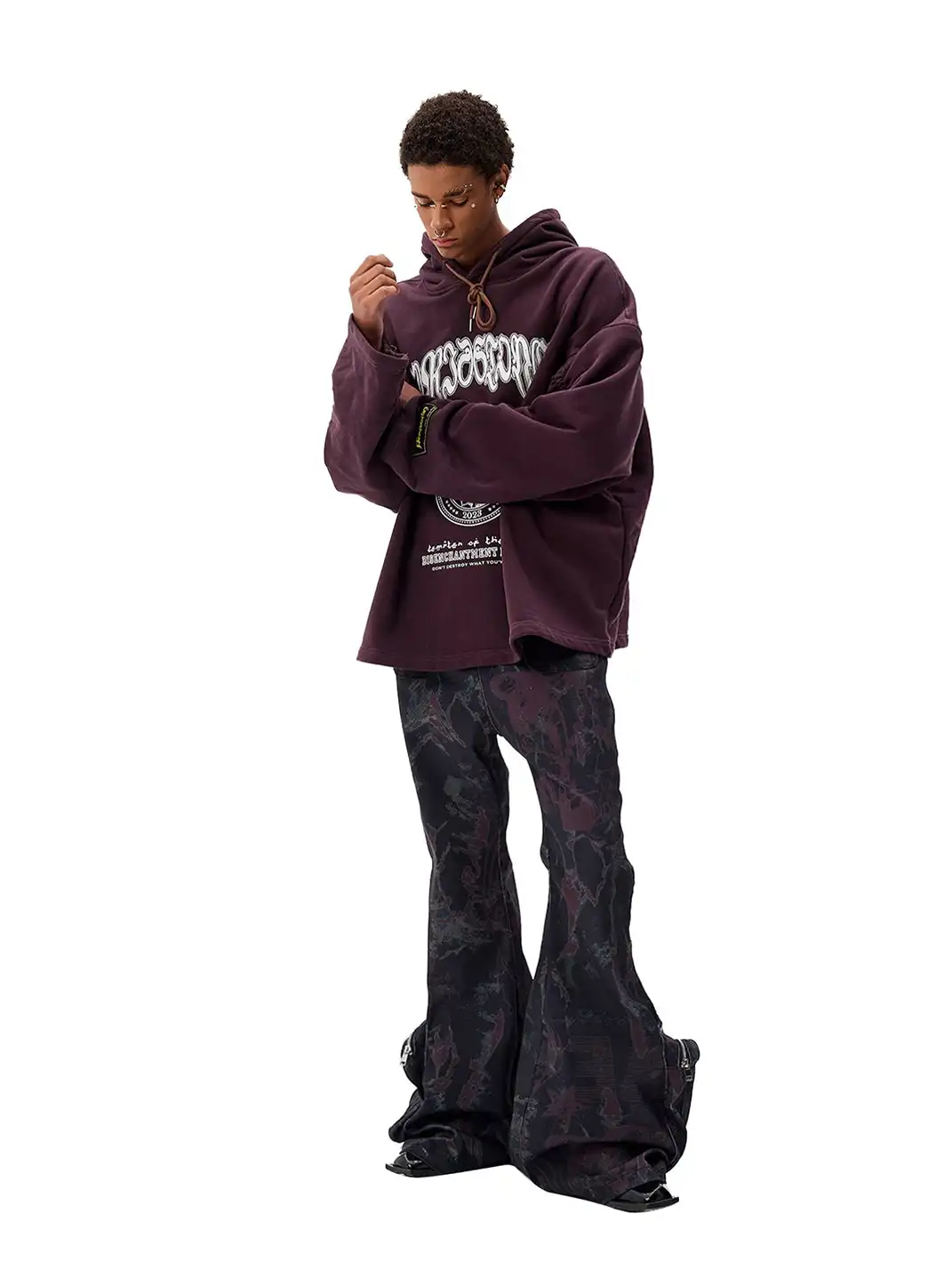 CYCYCY | Retro Burgundy Print Drawstring Hooded Sweatshirt