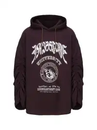 CYCYCY | Retro Burgundy Print Drawstring Hooded Sweatshirt