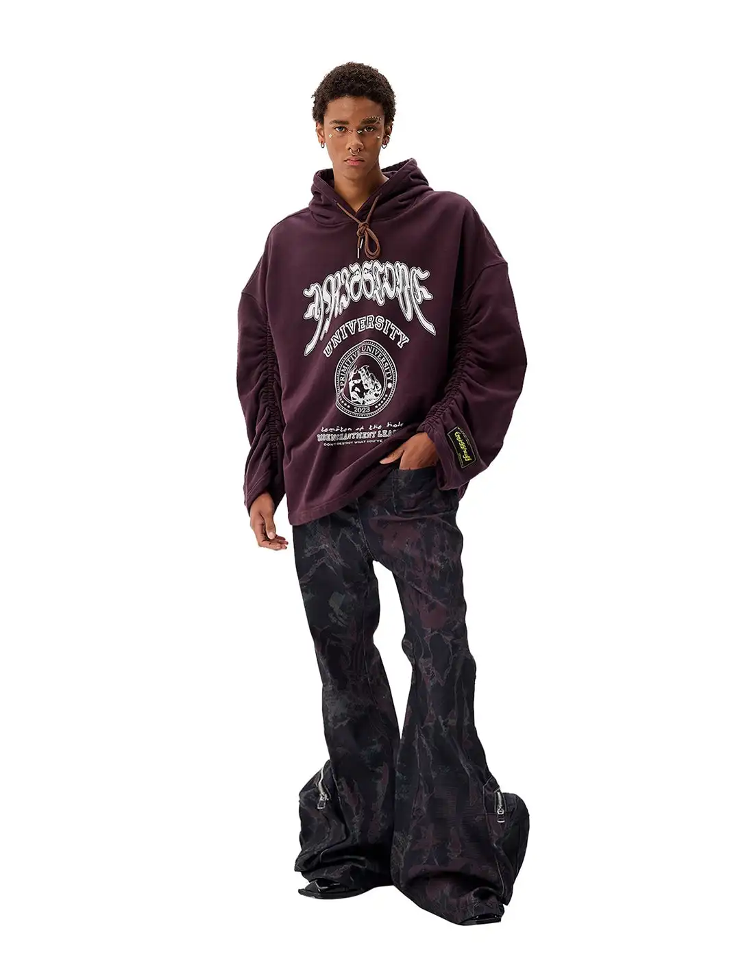 CYCYCY | Retro Burgundy Print Drawstring Hooded Sweatshirt