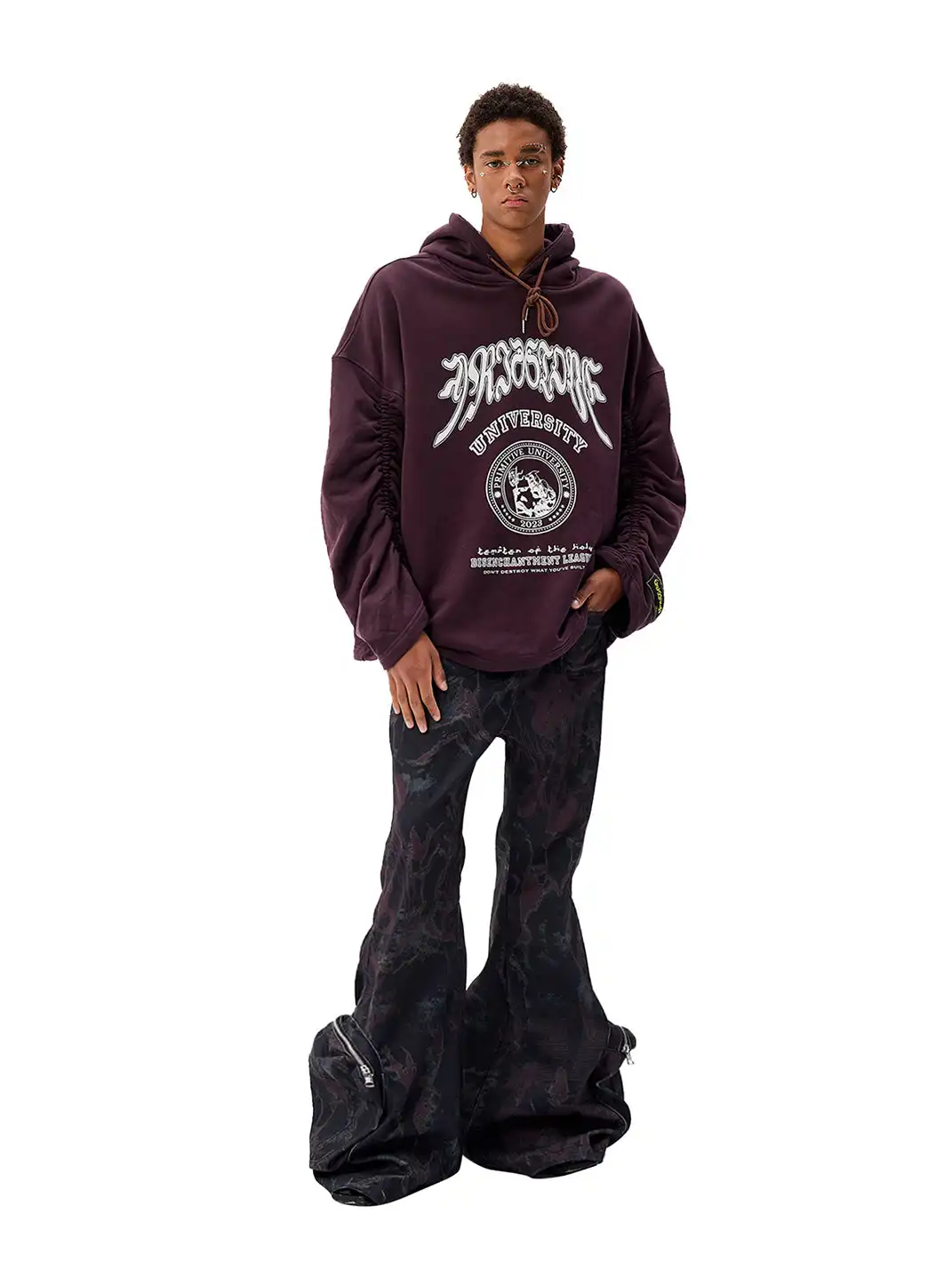 CYCYCY | Retro Burgundy Print Drawstring Hooded Sweatshirt
