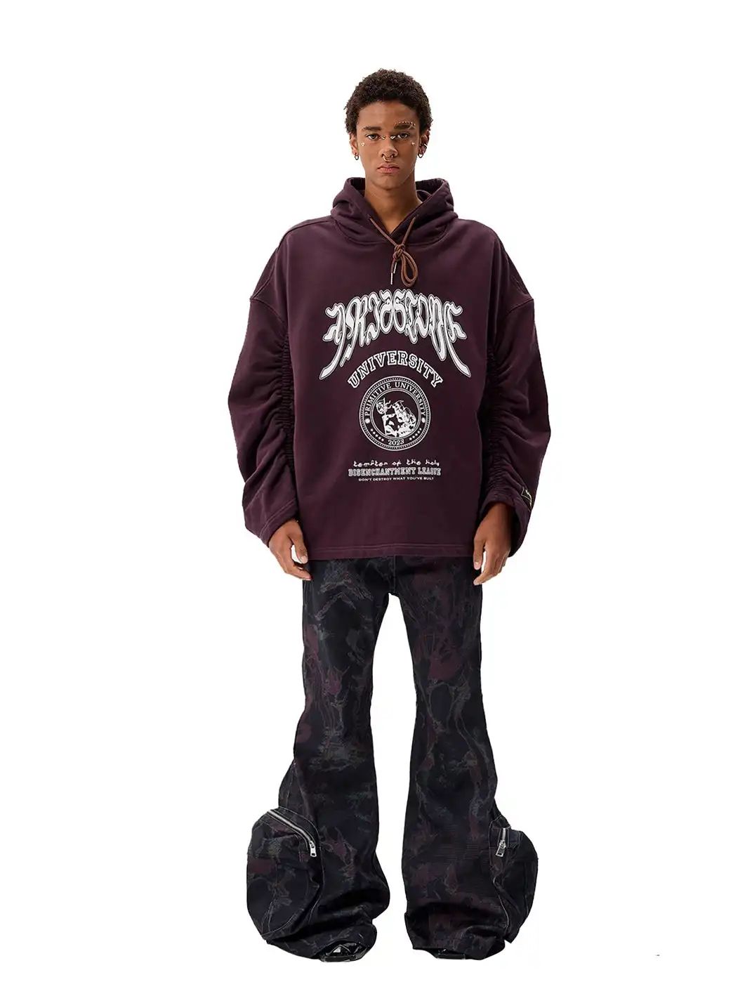 CYCYCY | Retro Burgundy Print Drawstring Hooded Sweatshirt