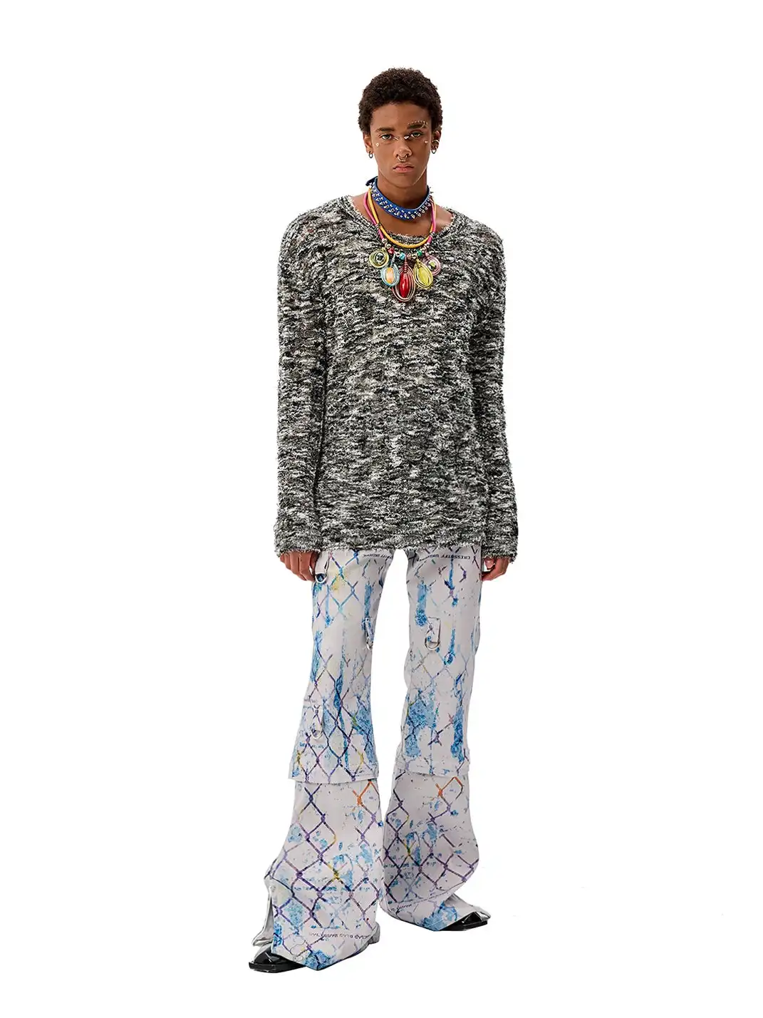CYCYCY | Punk Gray Fishnet Openwork Ripped Knit Sweater