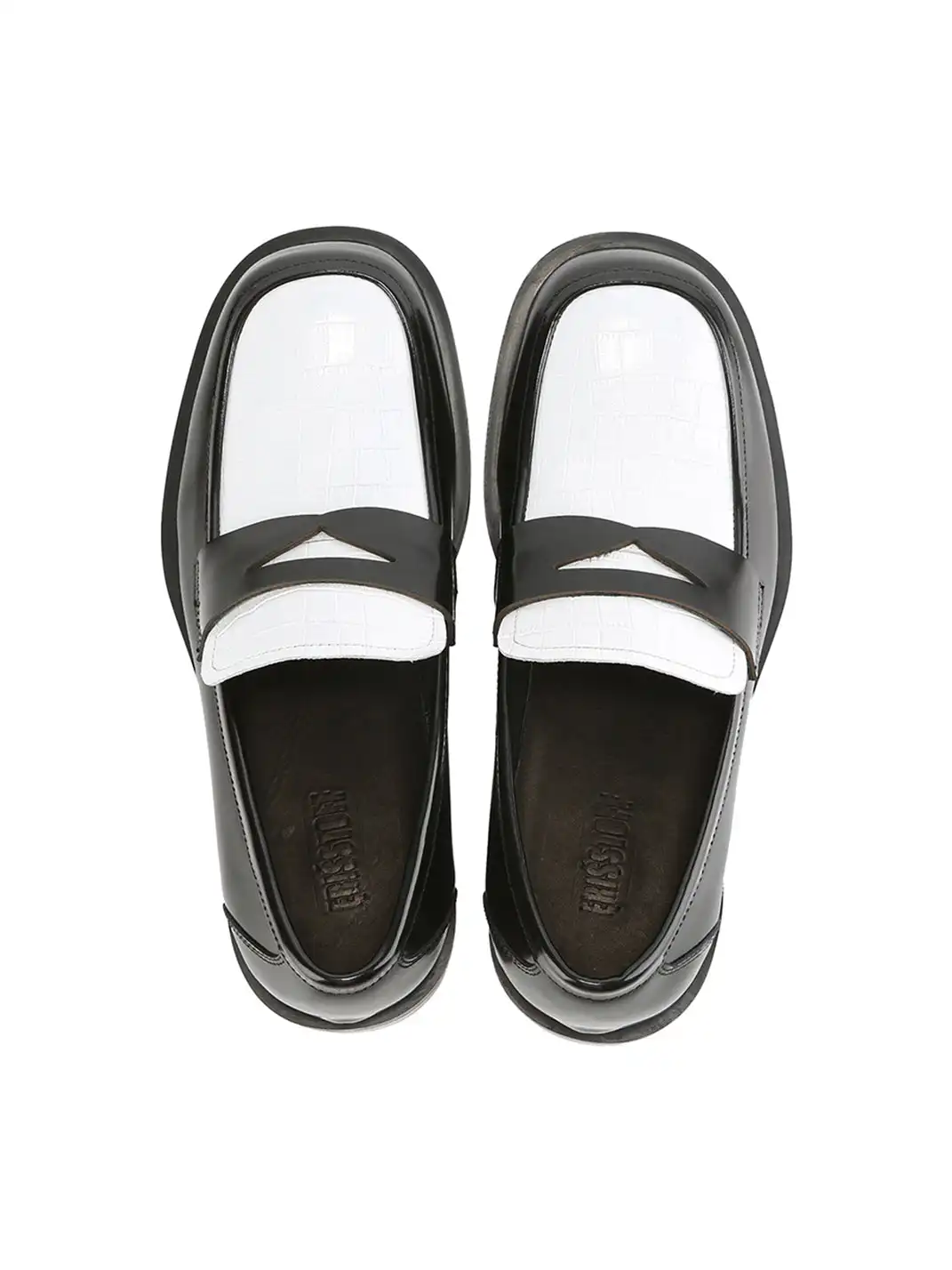 CYCYCY | Retro Square-Toe Crocodile-Patterned Patchwork Loafers-Black White