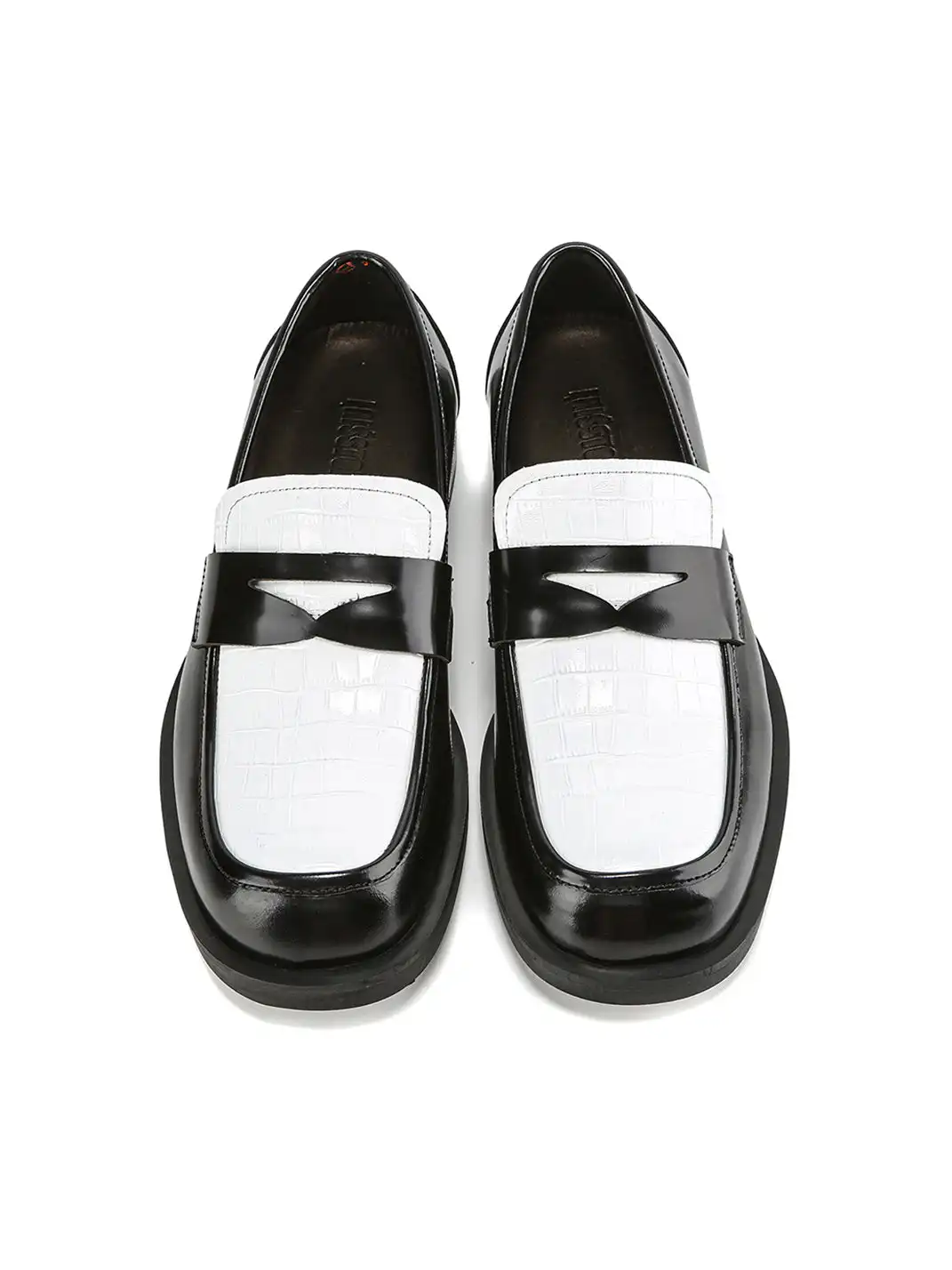 CYCYCY | Retro Square-Toe Crocodile-Patterned Patchwork Loafers-Black White